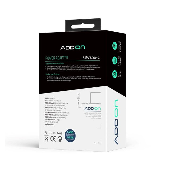 ADAPTADOR ADD ON DE PARED 65W GaN 3 PUERTOS