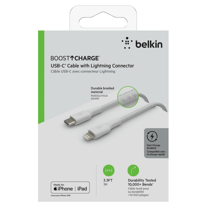 Cable Belkin USB-C a Lightning - 1M - Trenzado - Blanco