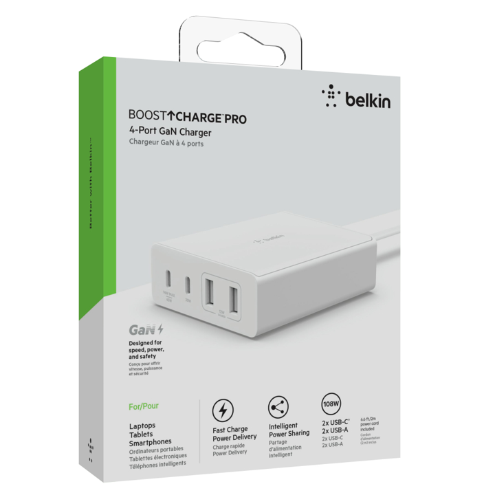 Cargador Belkin 108w - USB-C GAN PD 96w Max / USB-C GAN PD 30w GAN / USB-A 12w x 2 - Blanco