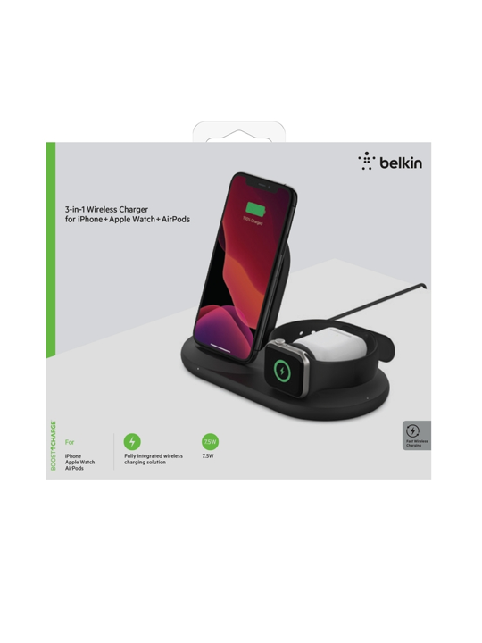 Base De Carga Stand Inalámbrica Belkin Qi 7.5w / 3 En 1 - Negro